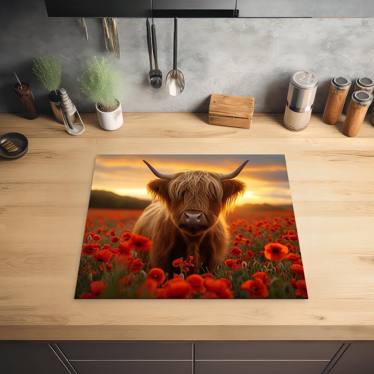 HERDABDECKPLATTE Schottische Highlander - Rosen - Blumenfeld - Sonnenuntergang Abdeckung Ceranfeld 59x51 cm - Rotbraun, Kunststoff (59/51/0.2cm) - MuchoWow