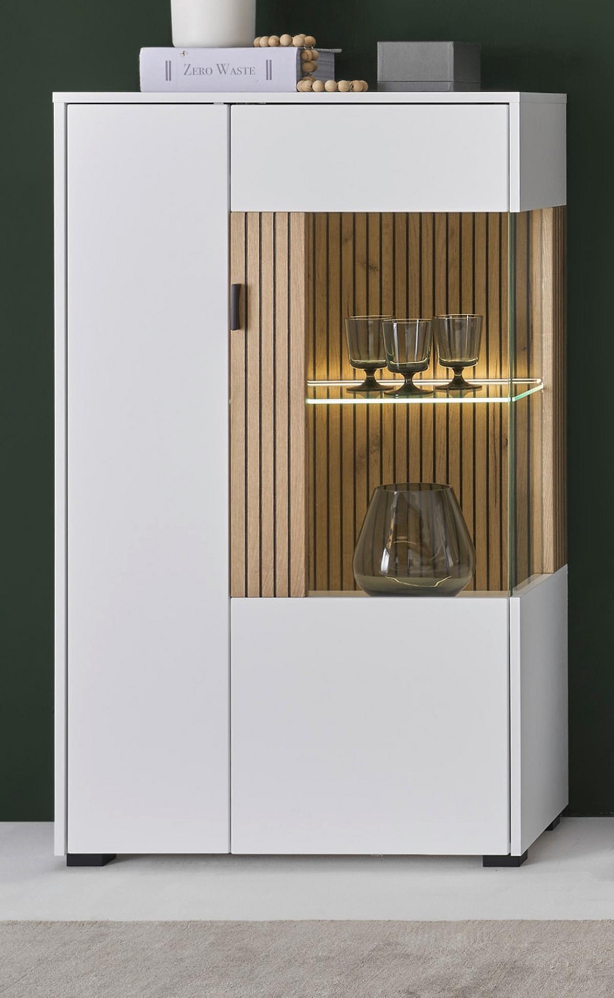 VITRINE weiß matt, Eiche 75 x 125 cm, Highboard mit Soft-Close-Funktion - Eichefarben/Schwarz, Glas/Holzwerkstoff (75/125/38cm) - Furn.Design