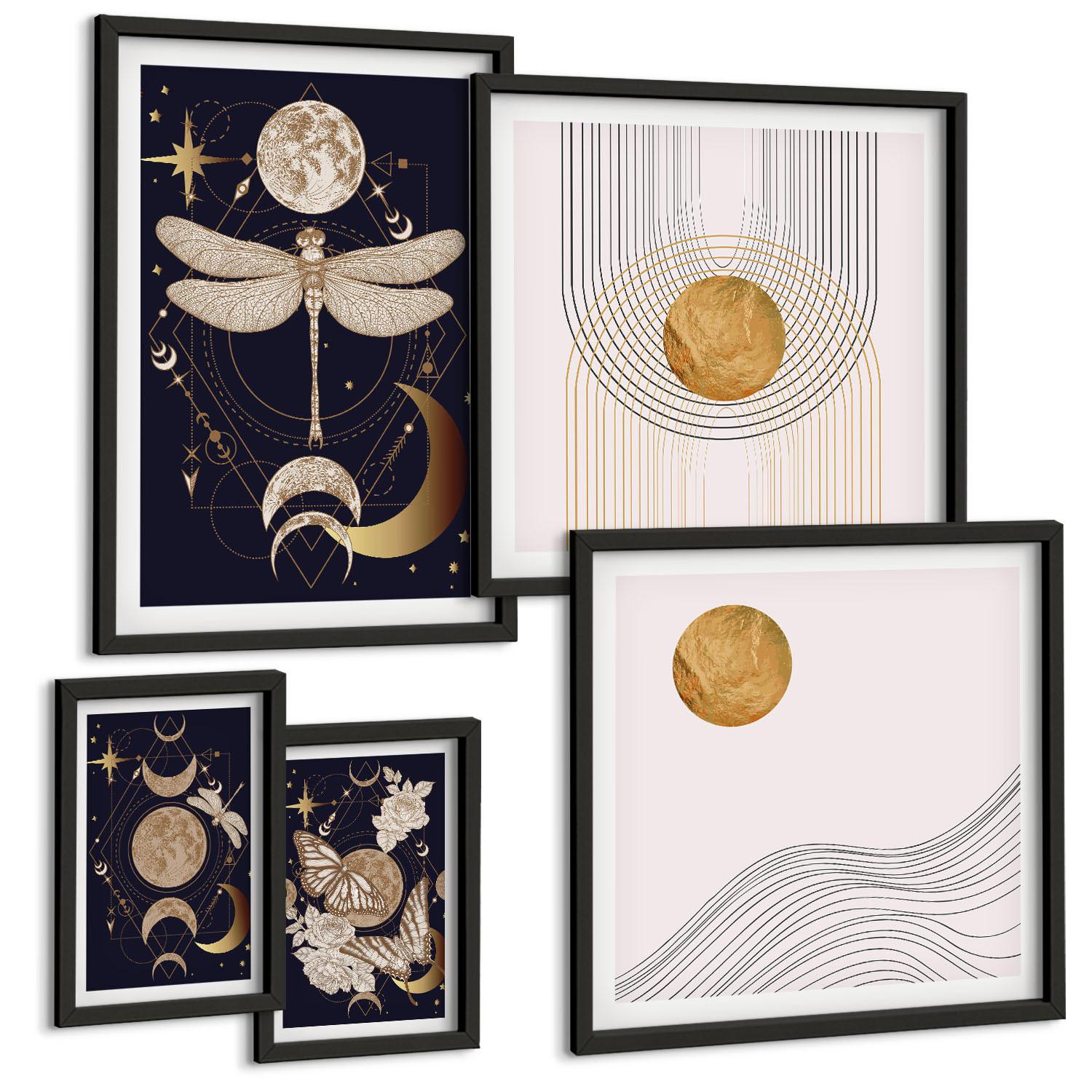 BILDER SET 5er Set - 50x50 cm & 20x30 cm & 40x60 cm Schwarzer Rahmen - Naturmotive mit dem Mond - Schwarz, Kunststoff (40/60cm) - TULUP