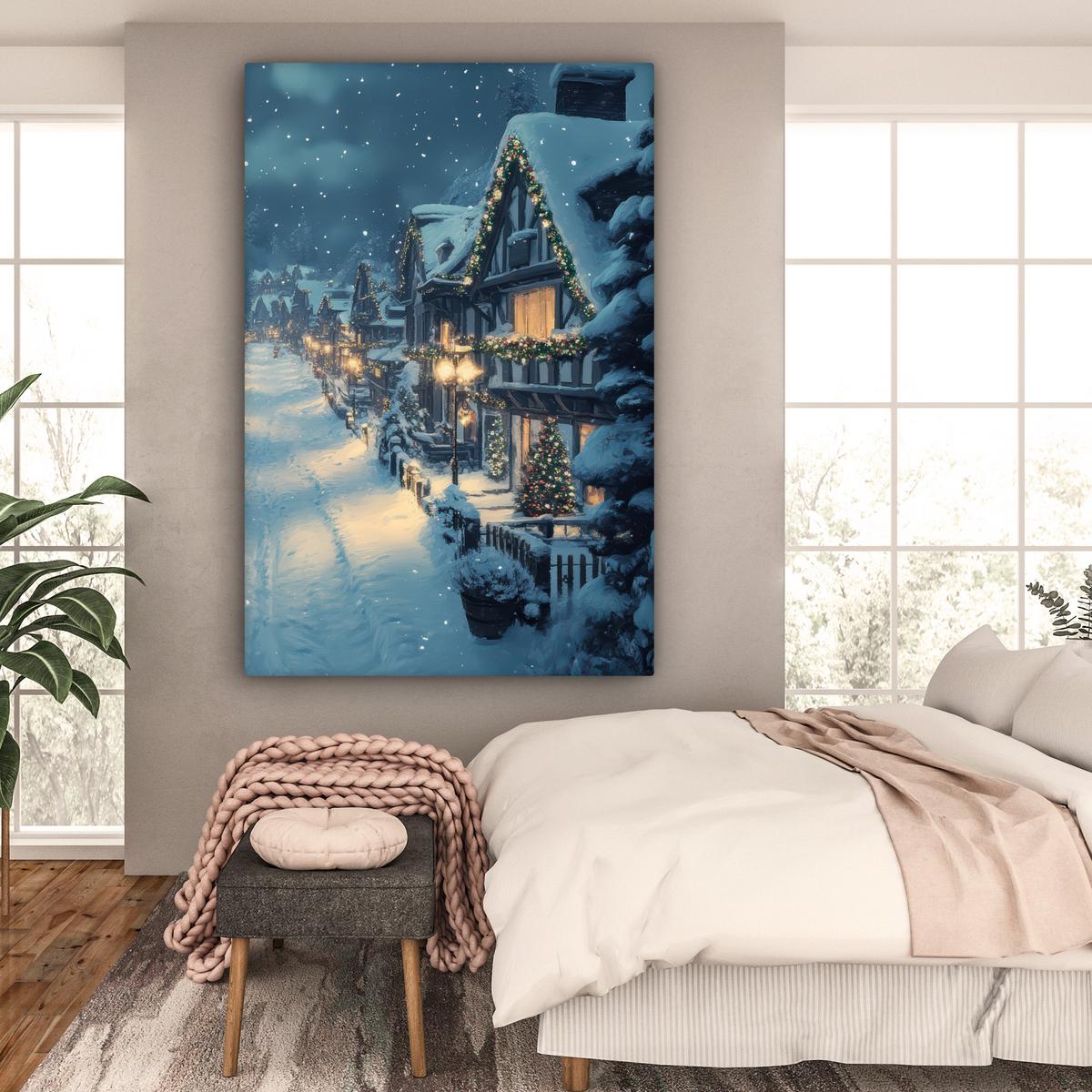 LEINWANDBILD Weihnachtsdorf - Weihnachten - Schnee - Winter Deko Groß 90x140 cm - Dunkelblau, Textil (90/140cm) - MuchoWow