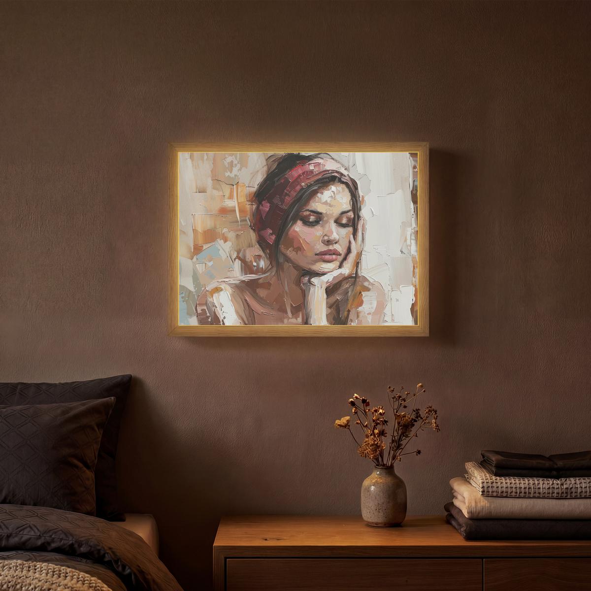 WANDLEUCHTE MIT AKKU Frau - Lackierung - Porträt - Modern 40x30 cm - Braun, Holzwerkstoff (40/30/8cm) - OnlyWow