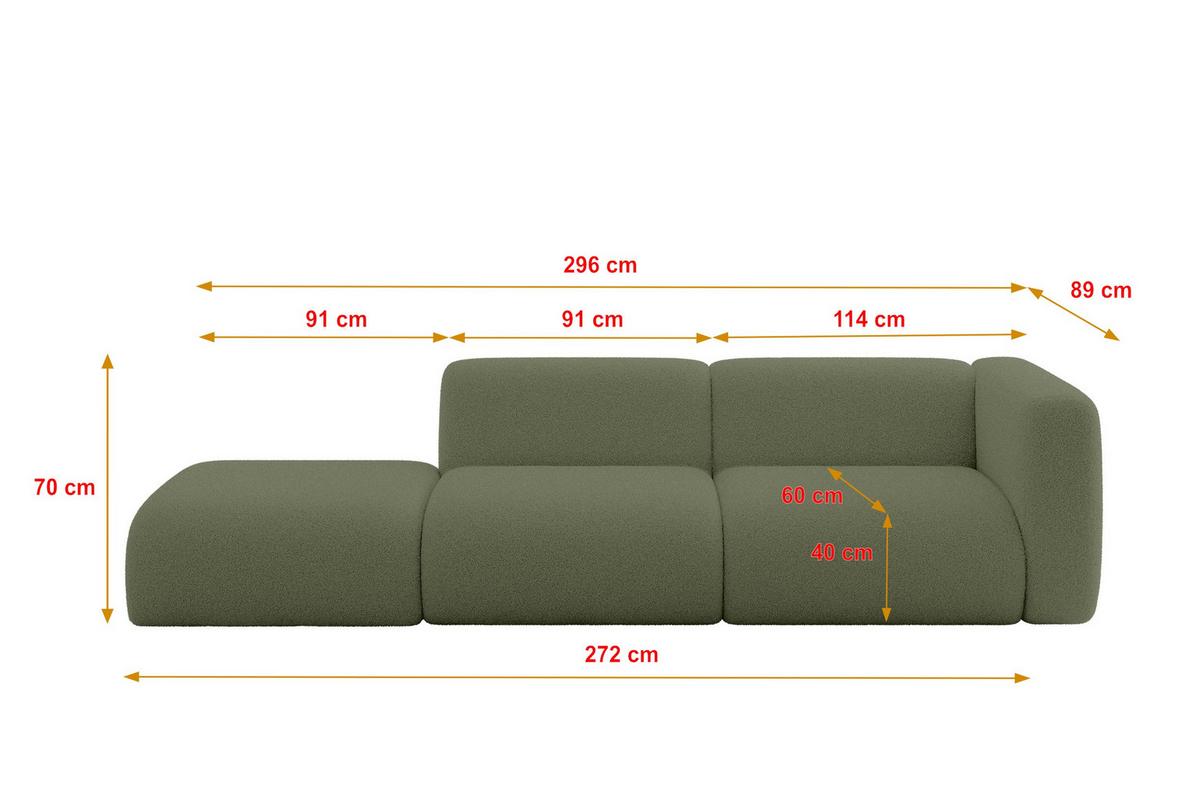 SOFA Ottomane Rechts MIRA-S3 296x89x70 Grün Bouclé - Schwarz/Olivgrün, Holzwerkstoff/Kunststoff (296/70/89cm) - ALTDECOR