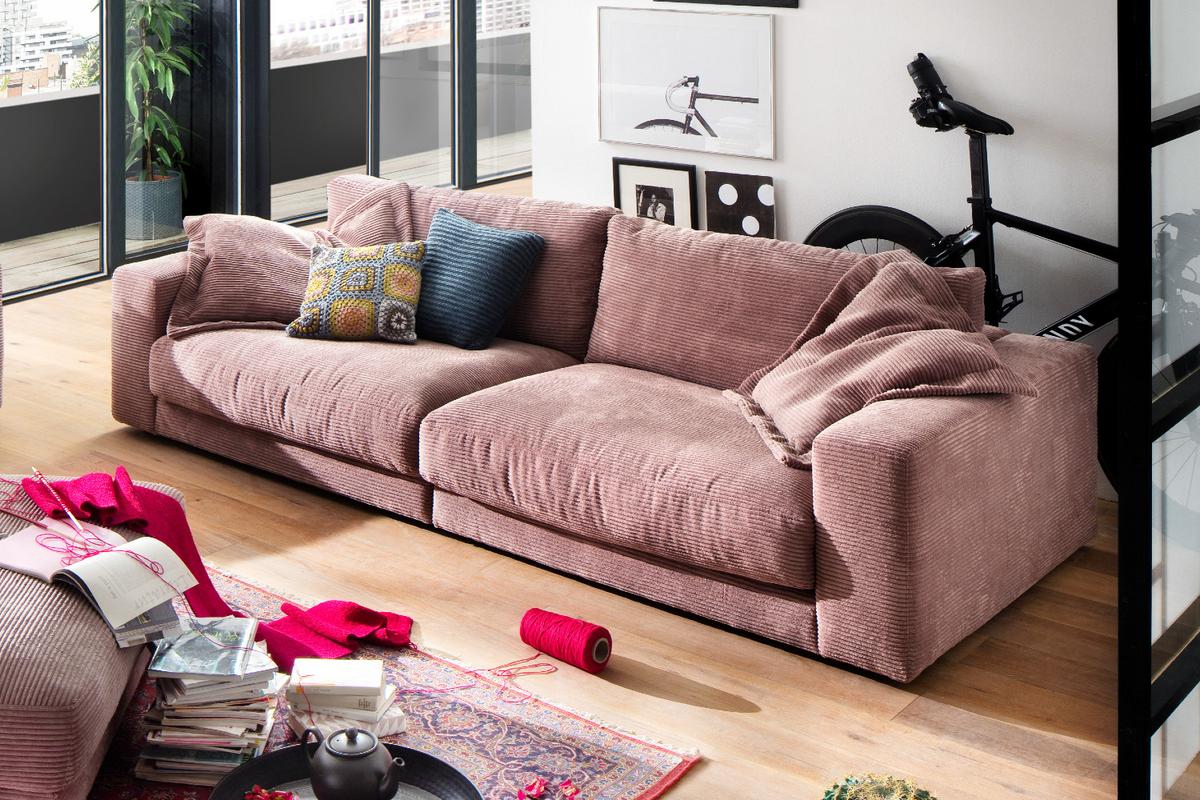 SOFA 3-SITZER MADELINE Pink Cord - Schwarz/Rosa, Textil (290/85/127cm) - KAWOLA