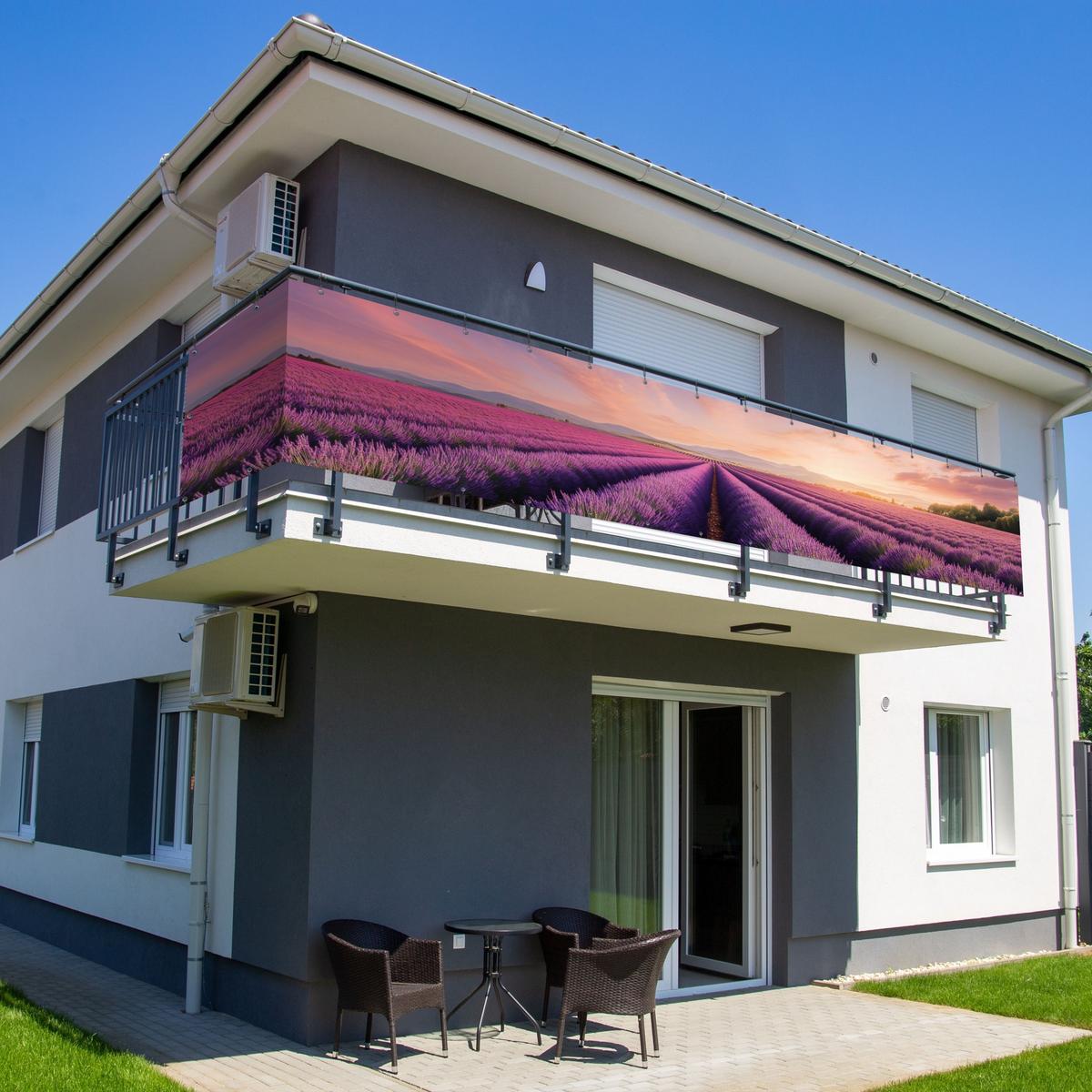 BALKON-SICHTSCHUTZ Lavendelfeld - Sonnenuntergang - Lila - Blumen Groß 500x90 cm - Violett, Kunststoff (500/90cm) - MuchoWow