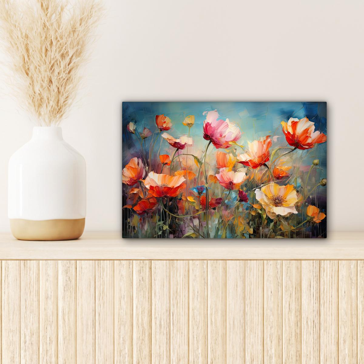 LEINWANDBILD Blumen - Aquarell - Kunst - Botanisch - Natur Deko Schlafzimmer 30x20 cm - Orange, Textil (30/20cm) - MuchoWow
