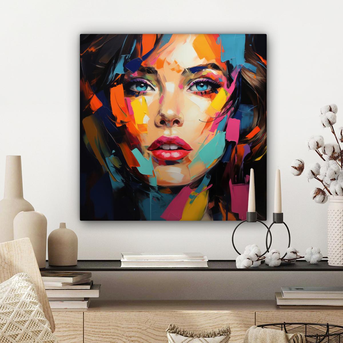 LEINWANDBILD Frau - Porträt - Farbenfroh - Kunst Wandbild Wohnzimmer 50x50 cm - Multicolor, Textil (50/50cm) - MuchoWow