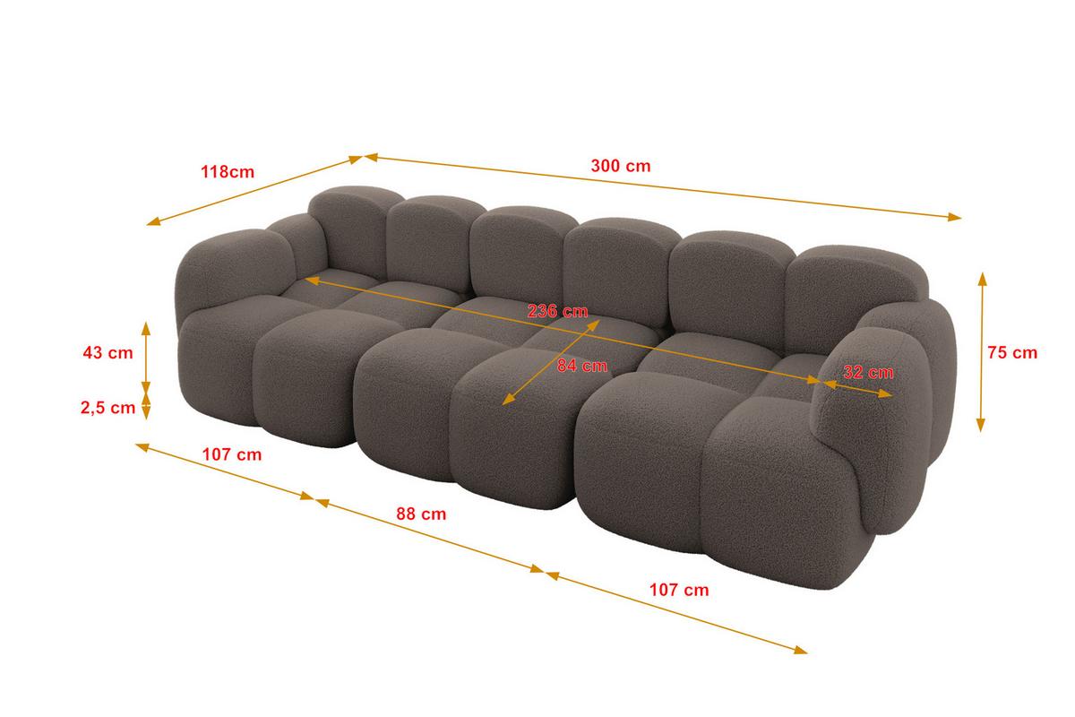 3-SITZER modulares Sofa Miko-S2 300x118x75 cm Braun Bouclé - Dunkelbraun/Schwarz, Holzwerkstoff/Kunststoff (300/75/118cm) - ALTDECOR