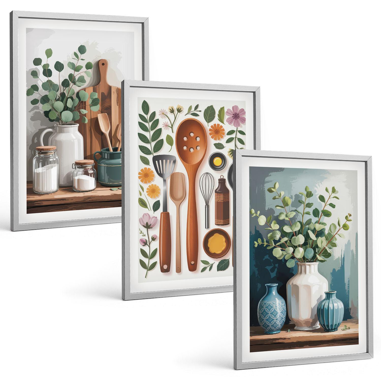 BILDER SET 3er Set - 40x60 cm Silberner Rahmen - Küchenaccessoires auf pflanzlicher Basis - Silberfarben, Kunststoff (40/60cm) - TULUP