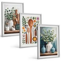 BILDER SET 3er Set - 40x60 cm Silberner Rahmen - Küchenaccessoires auf pflanzlicher Basis - Silberfarben, Kunststoff (40/60cm) - TULUP