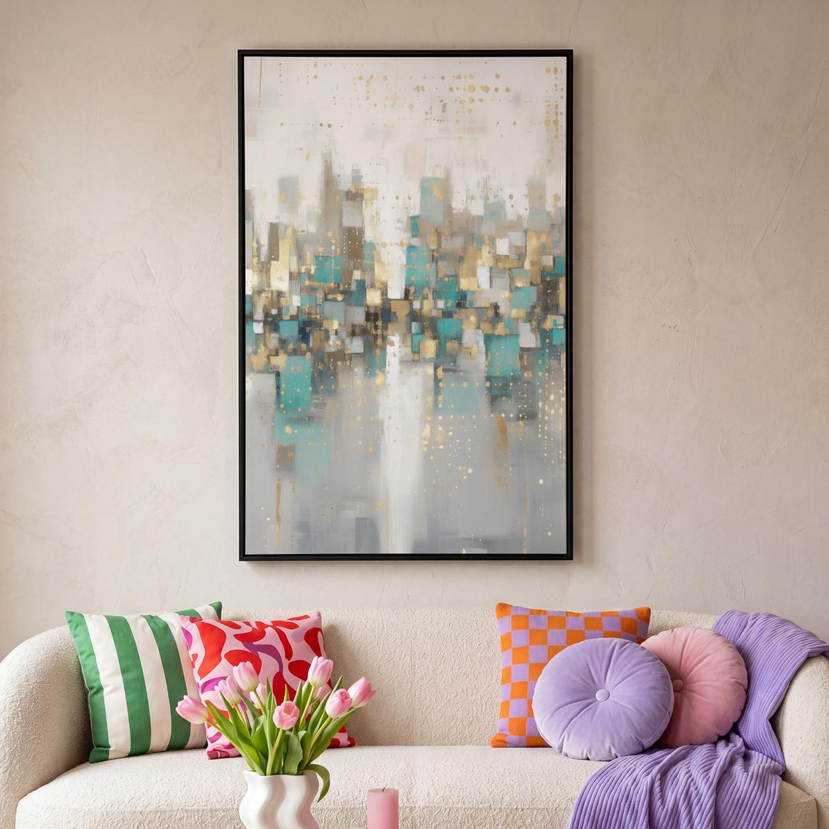 LEINWAND Bilder mit Rahmen - Abstrakt - Blöcke - Gold - Skyline - 80x120 - Beige, Textil (80/120cm) - MuchoWow