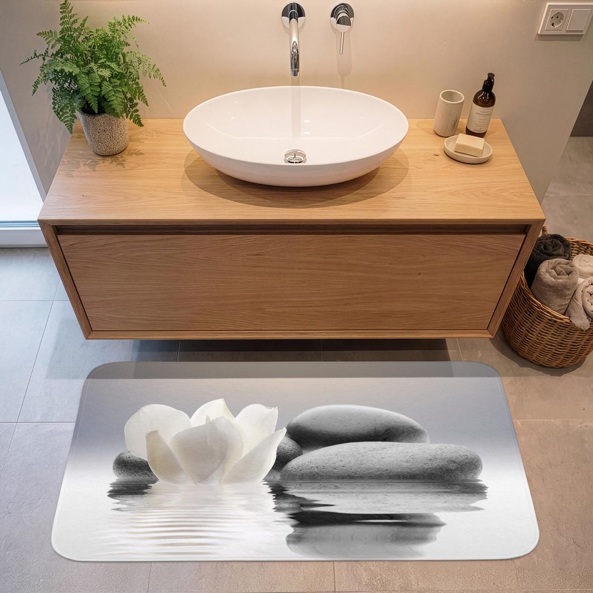 BADEMATTE Steine - Lotus - Weiß - Wasser - Zen 120x60 cm - Weiß, Textil (120/60cm) - OnlyWow