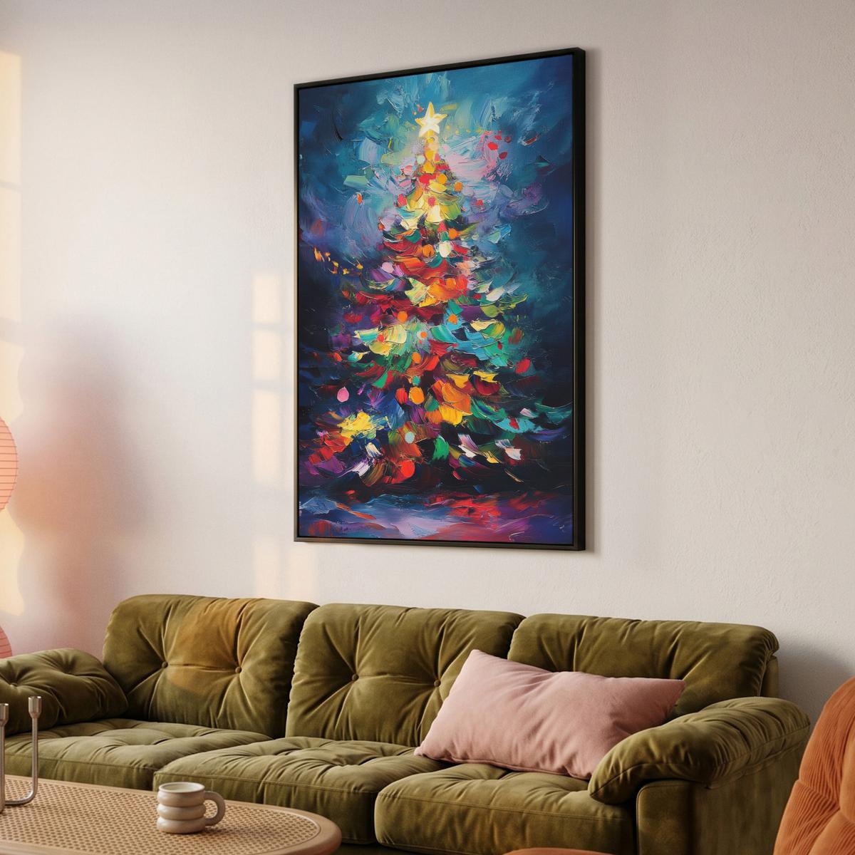 LEINWAND Bilder mit Rahmen - Weihnachtsbaum - Weihnachten - Abstrakt - Farbenfroh - 90x140 - Multicolor, Textil (90/140cm) - MuchoWow