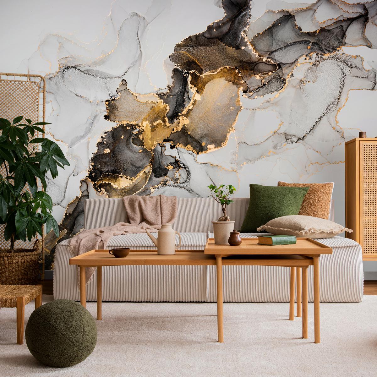 FOTOTAPETE für Badezimmer Moderner Grauer Marmor Gold Schwarz Imitation 500x350 - Beige/Grau, Papier (500/350cm) - Muralo