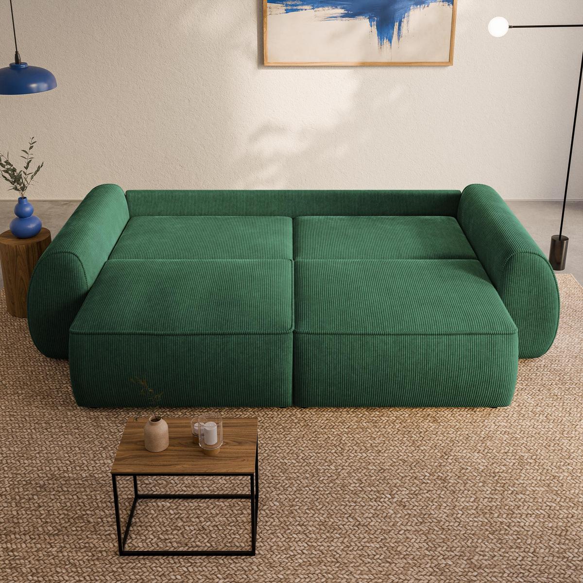 BETTSOFA ZEFEO Grün Kordstoff mit Schlaffunktion - Grün, Textil (264/96/106cm) - MASSENO