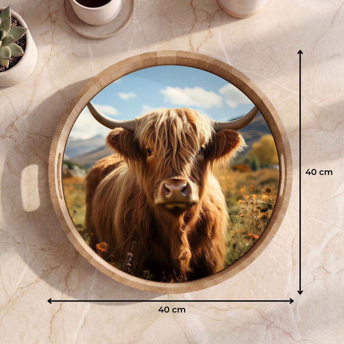TABLETT Schottische Highlander - Blumen - Hörner - Wolken 40x40 cm - Braun, Holz (40/5/5cm) - OnlyWow