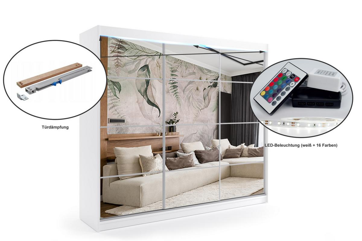 KLEIDERSCHRANK mit Spiegel-Schiebetüren und Aluminium-Leisten, LED-Beleuchtung - VIVONA - 240 cm Schwarz - Schwarz, Holzwerkstoff (150/216/61cm) - ALTDECOR