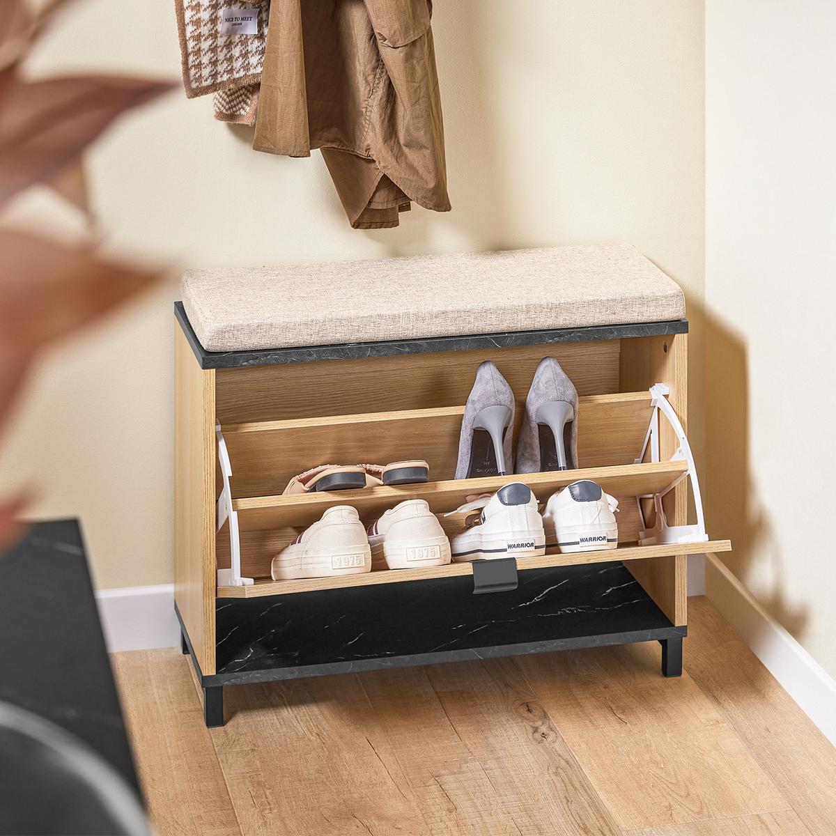 SCHUHBANK Holzoptik & Schwarz mit Marmor - Naturfarben, Holzwerkstoff (60/50/24cm) - SoBuy