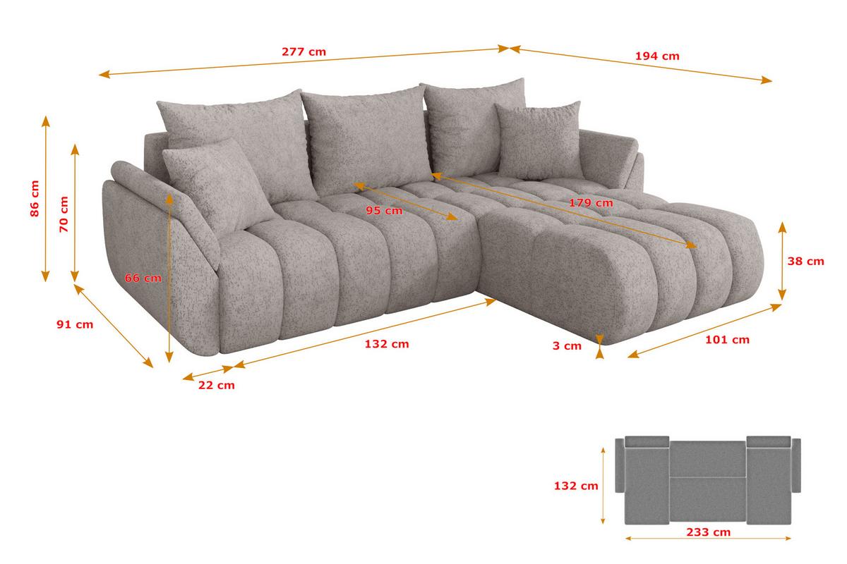 ECKSOFA mit Schlaffunktion Ottomane Rechts TOKO-L-v1 277x194x86 Hellgrau Velours - Hellgrau/Schwarz, Holzwerkstoff/Kunststoff (277/194cm) - ALTDECOR