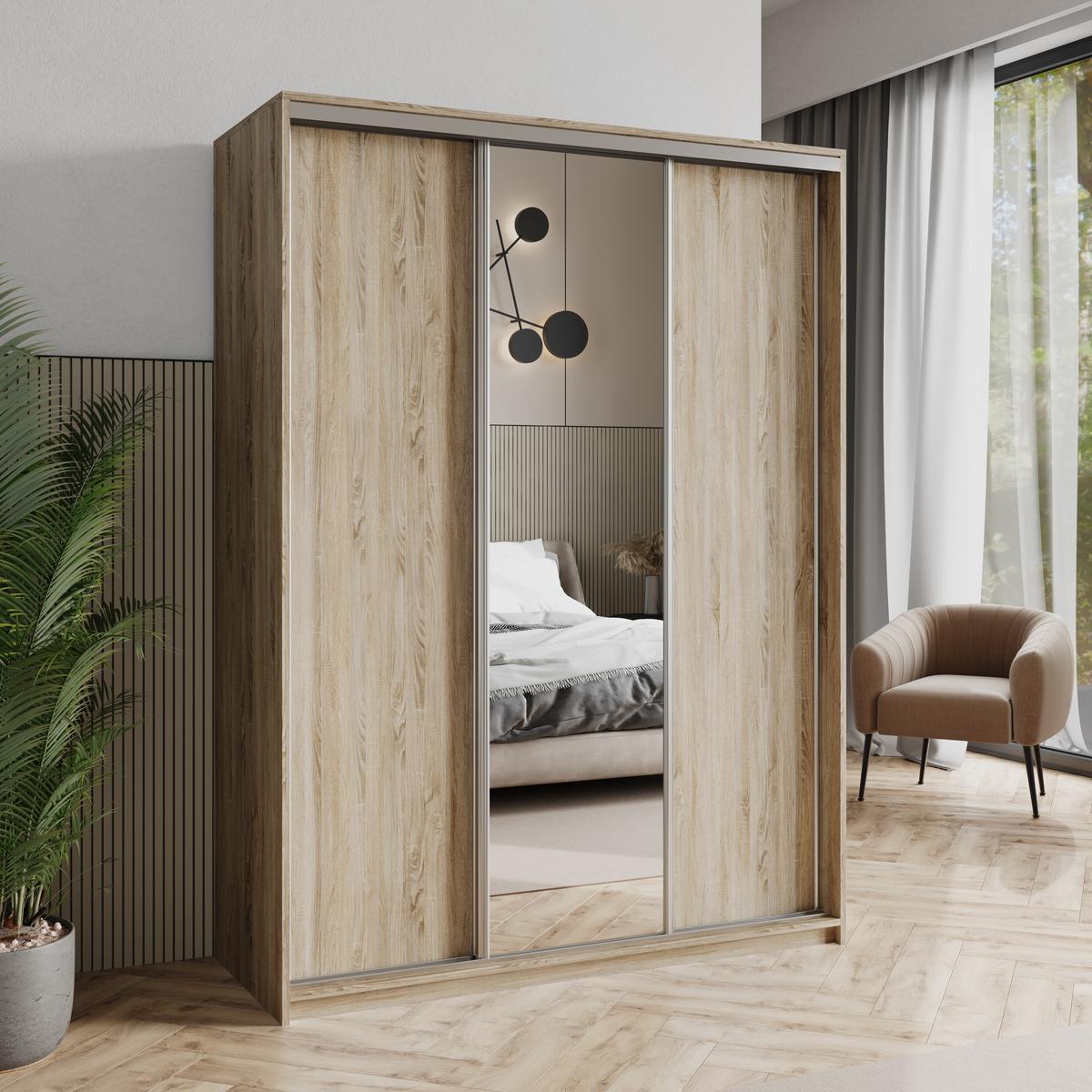 SCHWEBETÜRENSCHRANK TAVI 150/205/60 cm 3-türig mit Spiegel Sonoma Eiche - Sonoma Eiche, Holzwerkstoff (150/205/60cm) - MASSENO