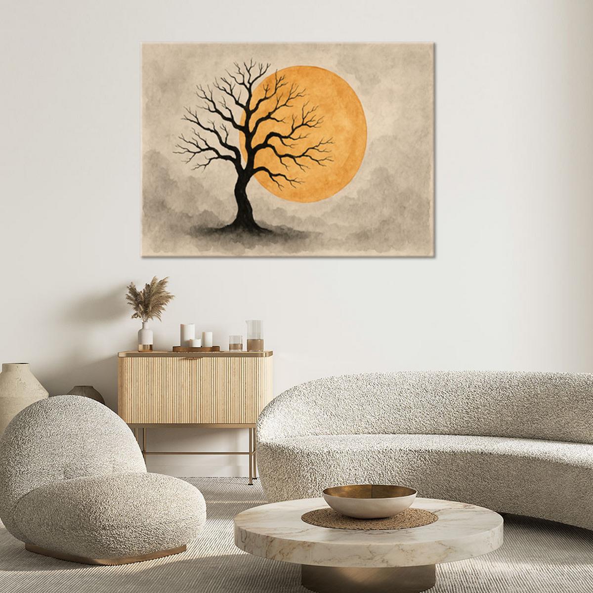 LEINWANDBILD Baum Aquarell Mond Minimalismus 60x40cm - Beige, Textil (60/40cm) - Feeby