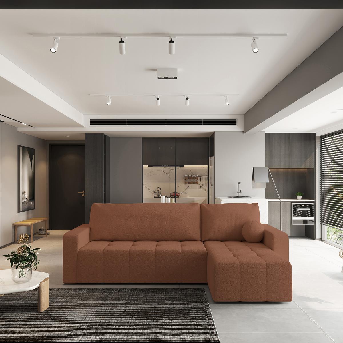 ECKSOFA VOLIRA Kupferfarben Boucle-Stoff mit Schlaffunktion - Kupferfarben, Holz (230/143cm) - MASSENO
