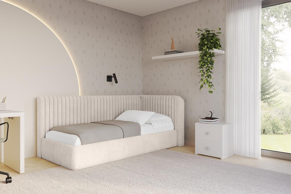 EINZELLBETT Jugendbett mit Bettkasten und Matratze H3/H4, Links - AURY 90x200 Beige - Ecru, Holzwerkstoff/Textil (90/200cm) - ALTDECOR