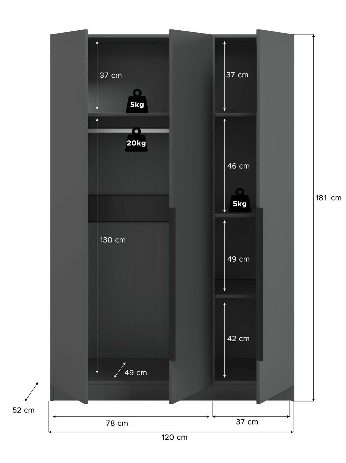 KLEIDERSCHRANK grau 3-türig 120 x 181 cm, Kleiderstange und Wäschefächer - Schwarz/Grau, Holzwerkstoff/Kunststoff (120/181/52cm) - Inn.Furn