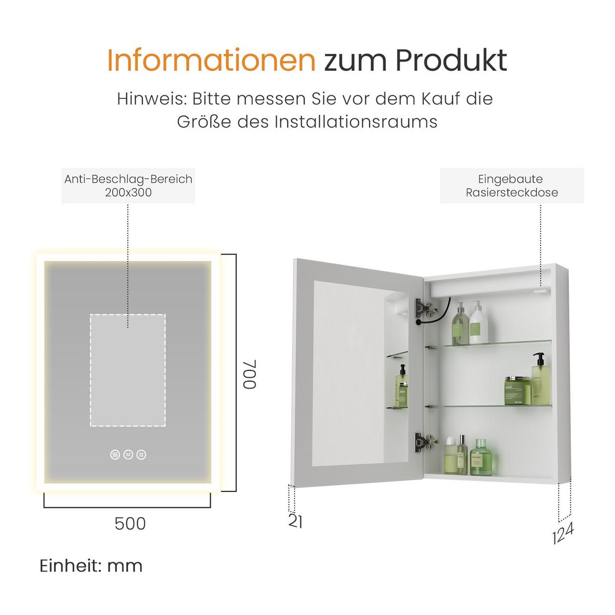 SPIEGELSCHRANK mit Beleuchtung silberweiß 70/50/14,5 - Weiß, Glas/Metall (50/70/14.5cm) - EMKE