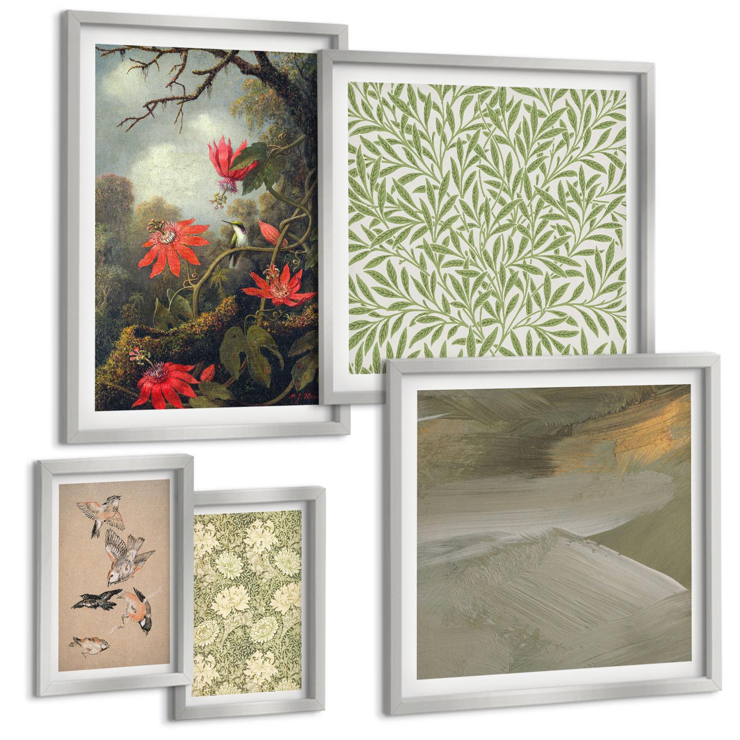 BILDER SET 5er Set - 50x50 cm & 20x30 cm & 40x60 cm Silberner Rahmen - Blumen und Vögel in natürlicher Umgebung - Silberfarben, Kunststoff (40/60cm) - TULUP