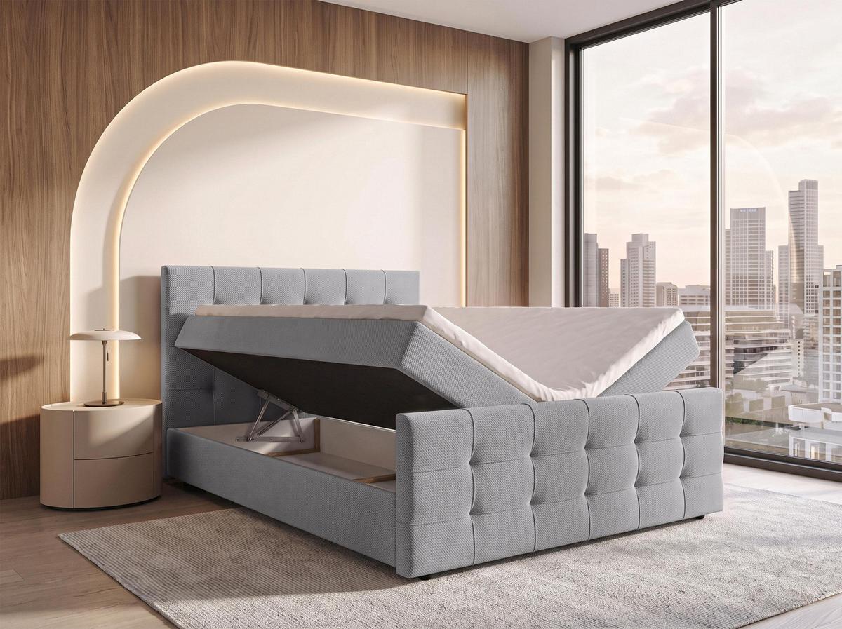 BOXBETT DEFNE 140x200 cm mit Fußteil und Matratze - Hellgrau + TOPPER - Hellgrau/Schwarz, Holz/Holzwerkstoff (140/200cm) - AX Living