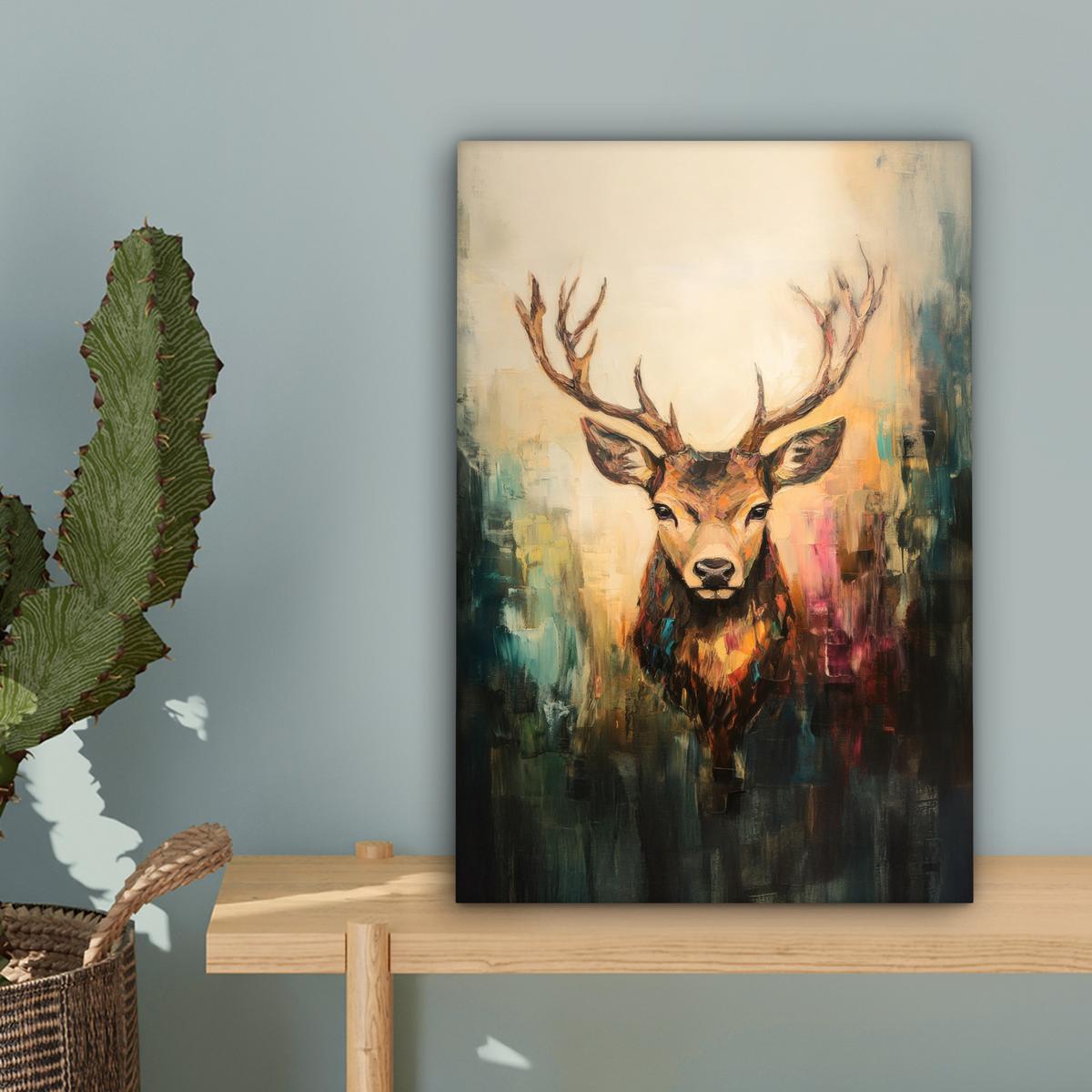 LEINWANDBILD Hirsch - Gemalt - Geweih - Braun Deko Wohnzimmer 20x30 cm - Haselnussfarben, Textil (20/30cm) - MuchoWow