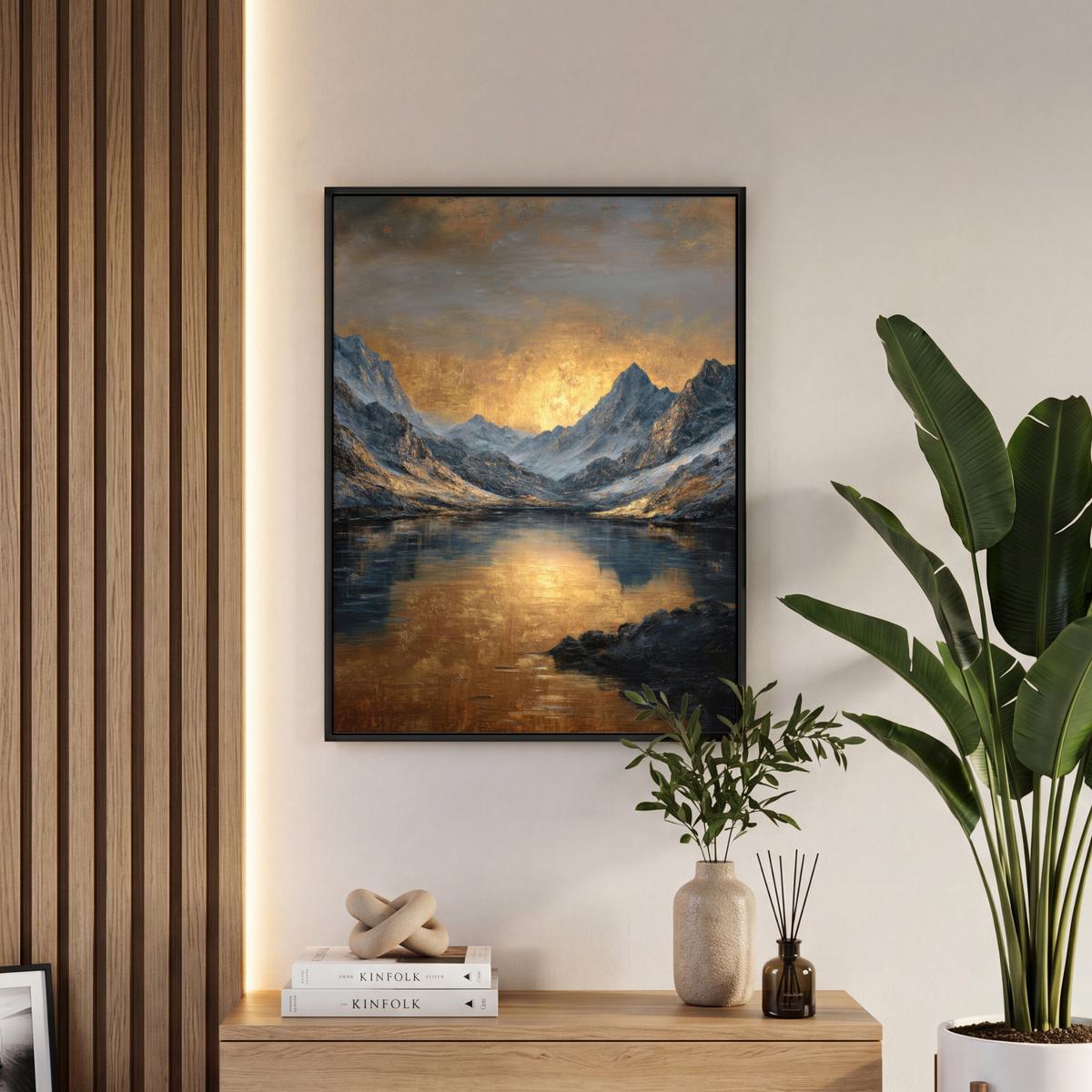 LEINWAND Bilder mit Rahmen - Bergkulisse mit goldenem Sonnenuntergang - 60x80 - Goldfarben, Textil (60/80cm) - MuchoWow