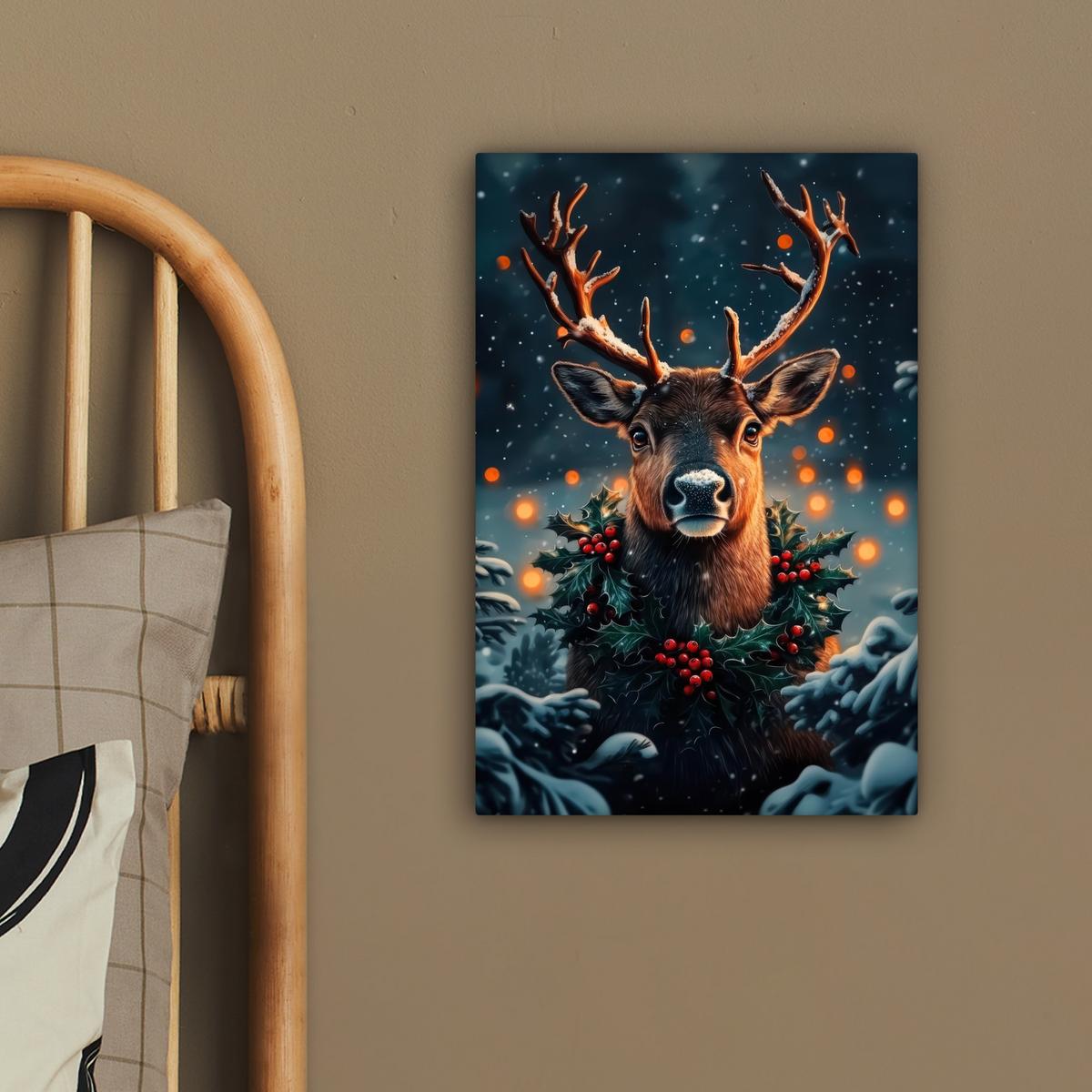 LEINWANDBILD Hirsch - Weihnachten - Winter - Schnee - Weihnachtskranz Deko Wohnzimmer 20x30 cm - Dunkelbraun, Textil (20/30cm) - MuchoWow