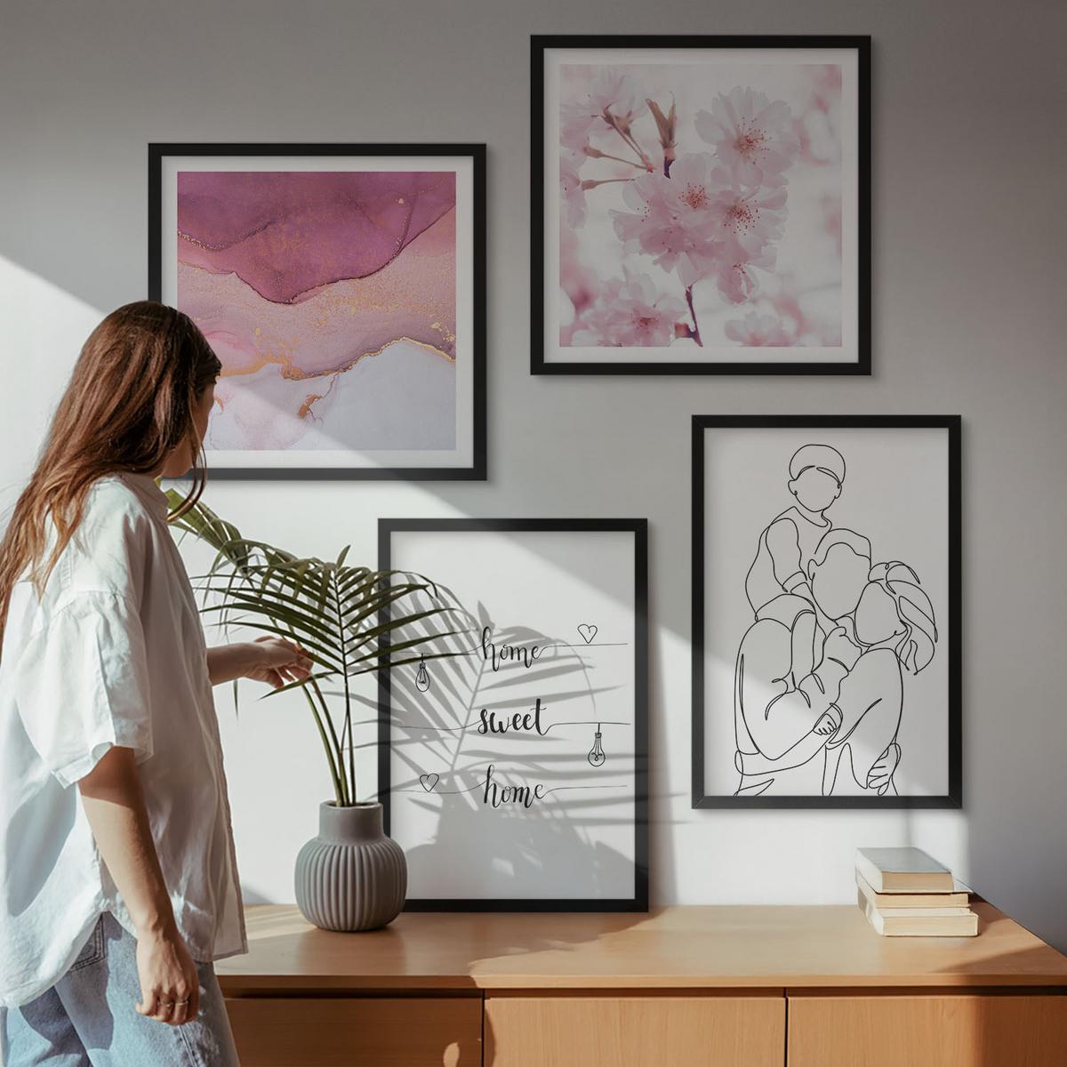 BILDER SET 4er Set - 50x50 cm & 40x60 cm Schwarzer Rahmen - Blumenfamilie minimalistisch - Schwarz, Kunststoff (50/50cm) - TULUP