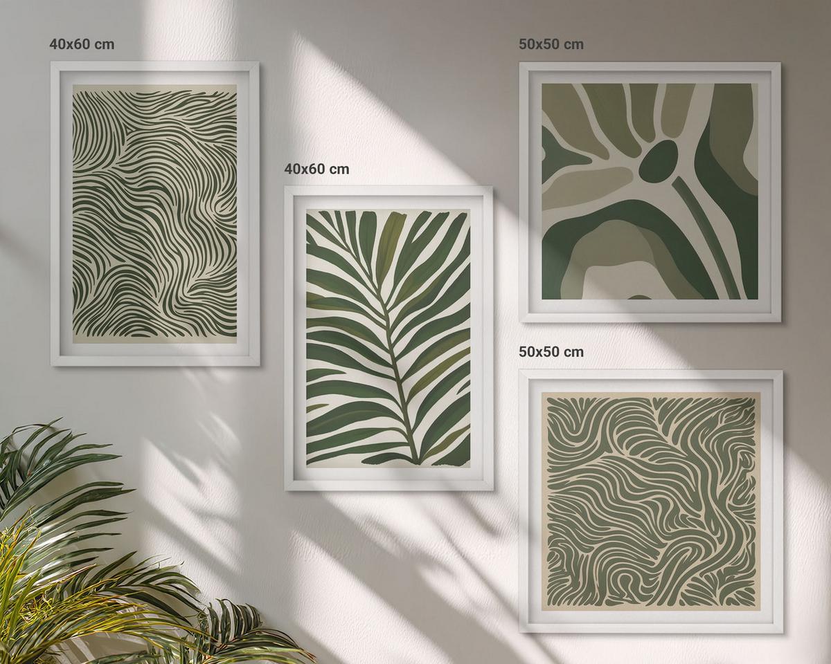 BILDER SET 4er Set - 50x50 cm & 40x60 cm Weißer Rahmen - Blattmuster und wellenförmige Formen - Weiß, Kunststoff (50/50cm) - TULUP