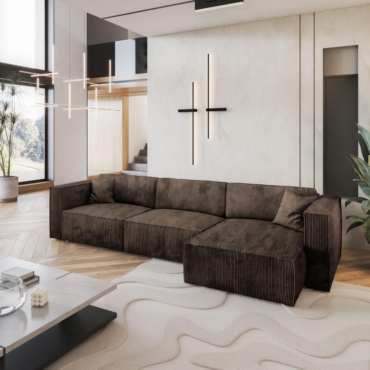 ECKSOFA TOLMO P Braun Kordstoff mit Schlaffunktion - Braun/Grau, Holz/Kunststoff (347/148cm) - MASSENO