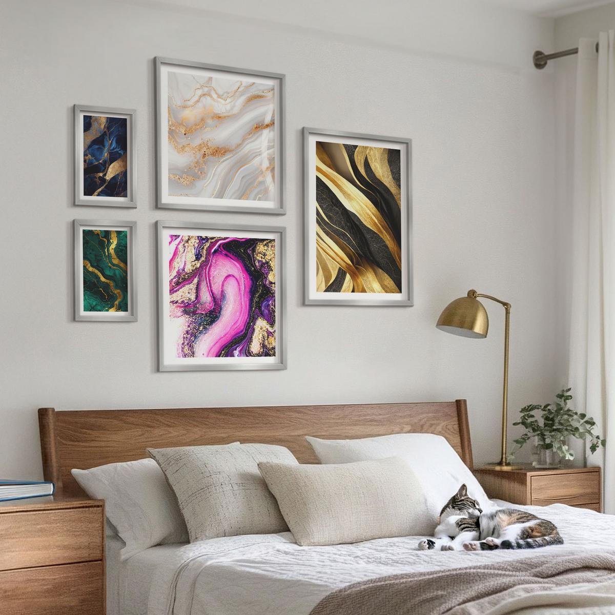 BILDER SET 5er Set - 50x50 cm & 20x30 cm & 40x60 cm Silberner Rahmen - Abstrakter Marmor mit Farben - Silberfarben, Kunststoff (40/60cm) - TULUP