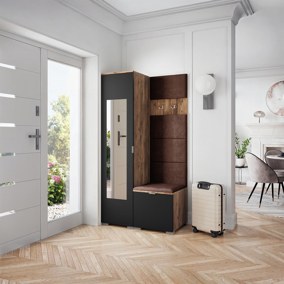 GARDEROBENSCHRANK VIRA 95/181/51 cm Modern Garderobe-Set Eiche Lefkas - Eichefarben/Schwarz, Holzwerkstoff (95/181/51cm) - MASSENO