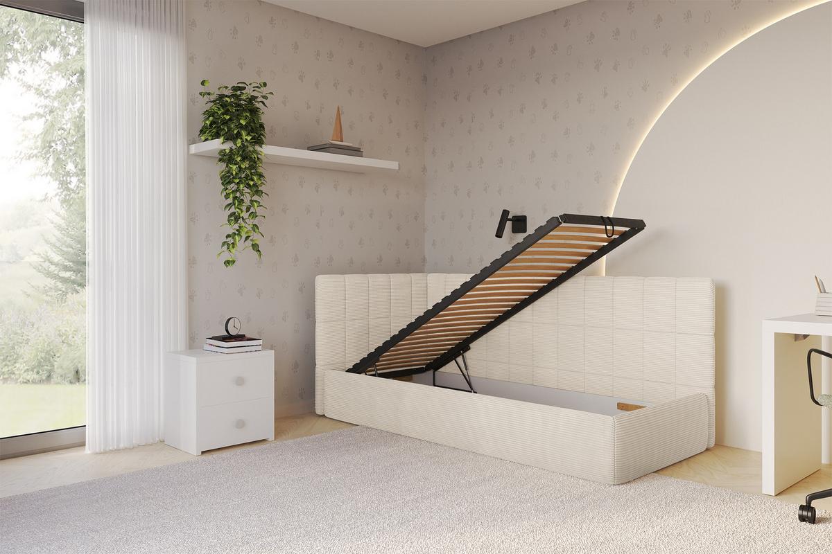 EINZELLBETT Jugendbett mit Bettkasten und Matratze H3/H4, Rechts - TULY 80x200 Beige - Kaschmir, Holzwerkstoff/Textil (80/200cm) - ALTDECOR
