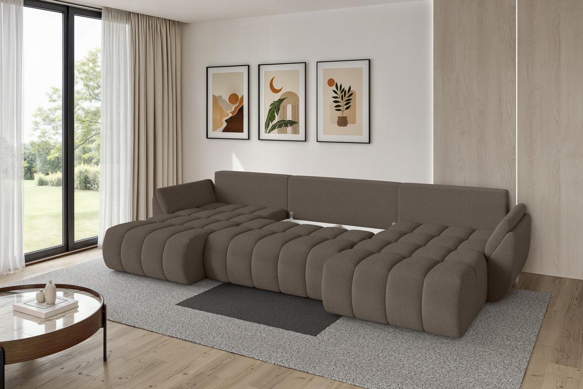WOHNLANDSCHAFT mit Schlaffunktion und Bettkasten TOKO-U-v1 378x194x86 Braun Bouclé - Schwarz/Braun, Holzwerkstoff/Kunststoff (378/86/194cm) - ALTDECOR