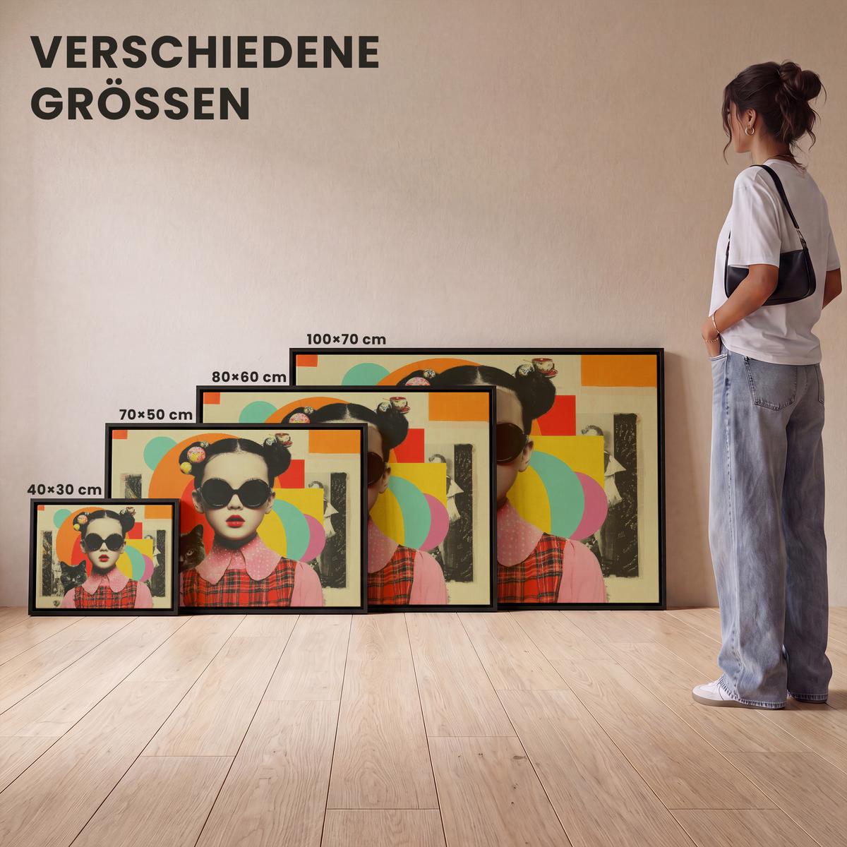 LEINWAND Bilder mit Rahmen - Mädchen - Sonnenbrille - Katze - Retro - 100x70 - Beige, Textil (100/70cm) - MuchoWow