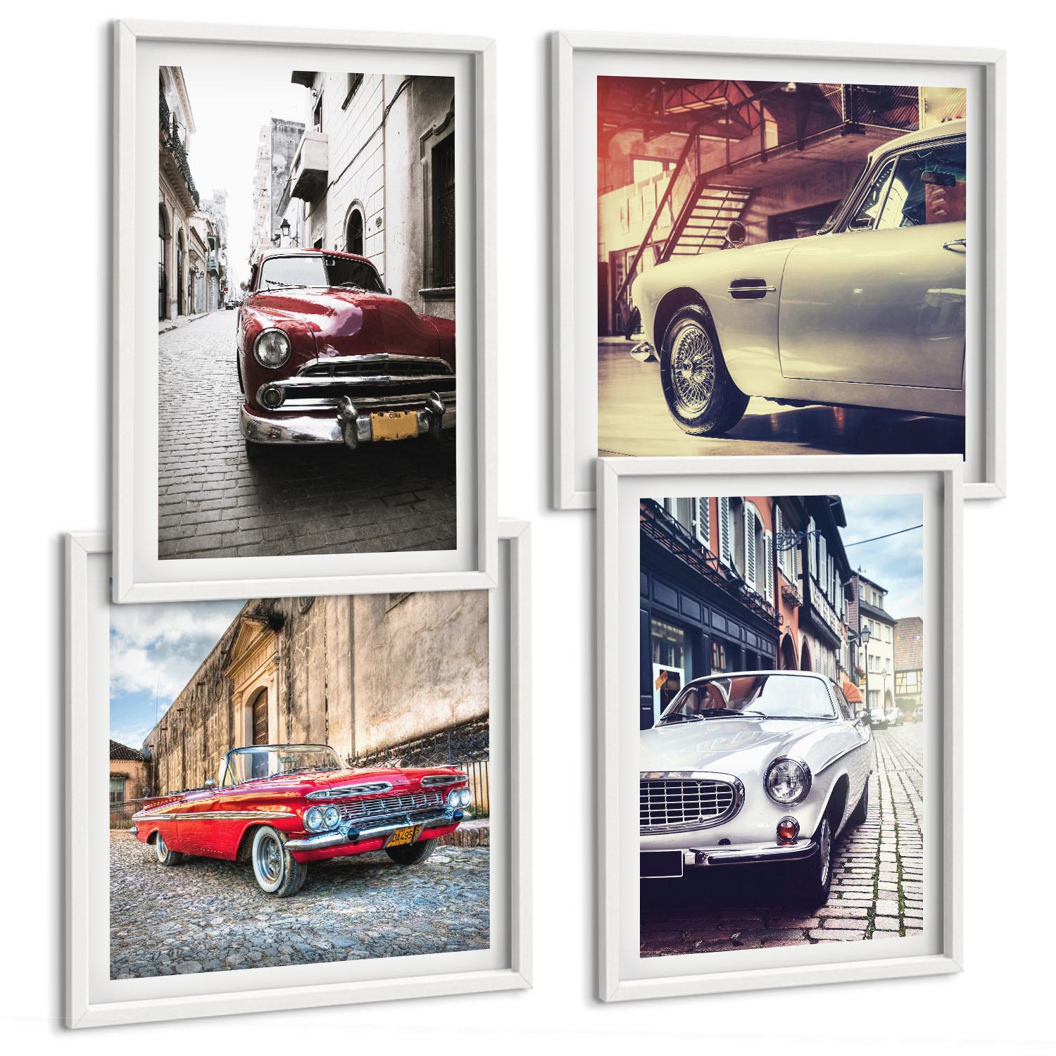 BILDER SET 4er Set - 50x50 cm & 40x60 cm Weißer Rahmen - Oldtimer in Städten - Weiß, Kunststoff (50/50cm) - TULUP
