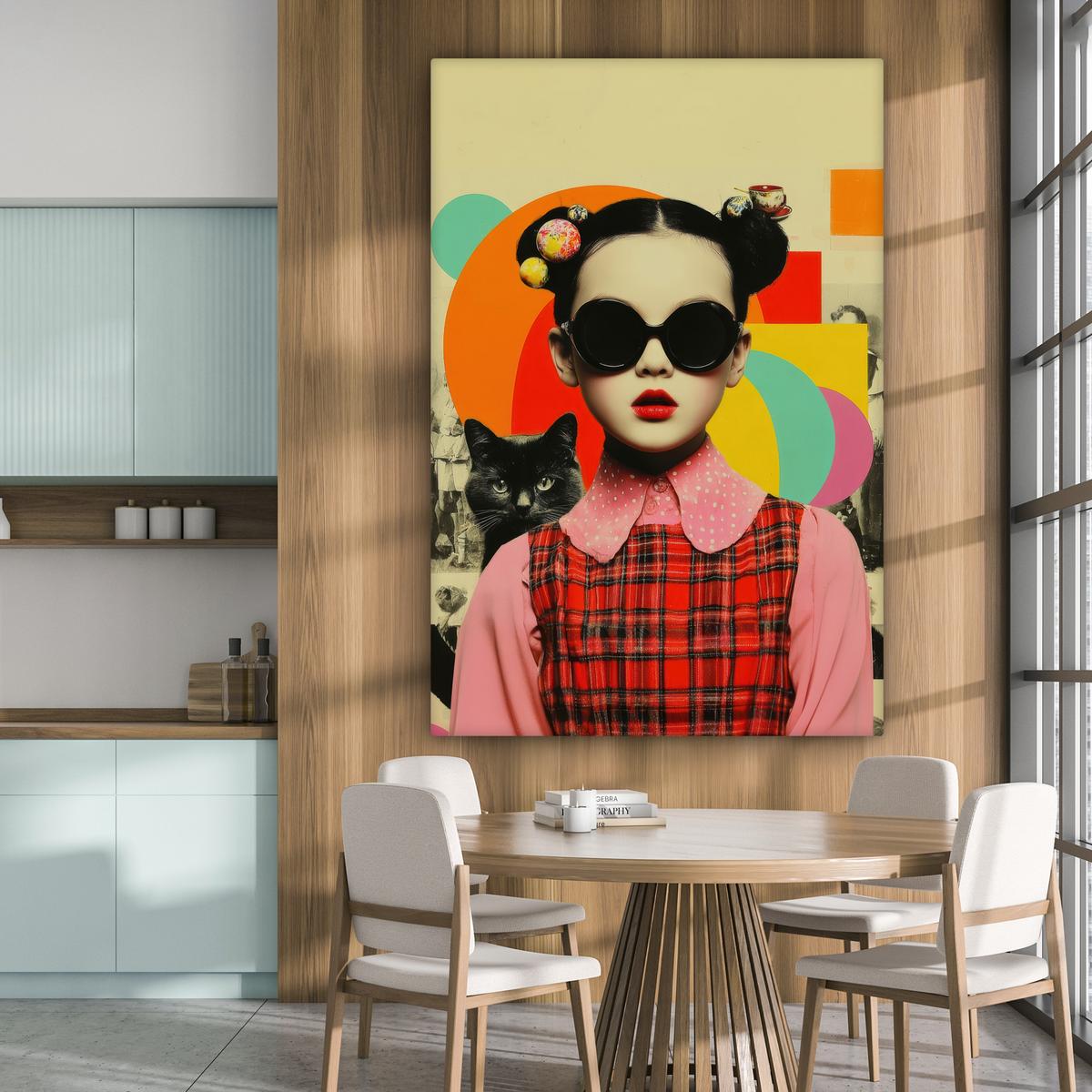 LEINWANDBILD Mädchen - Sonnenbrille - Katze - Retro Deko Groß 90x140 cm - Beige, Textil (90/140cm) - MuchoWow