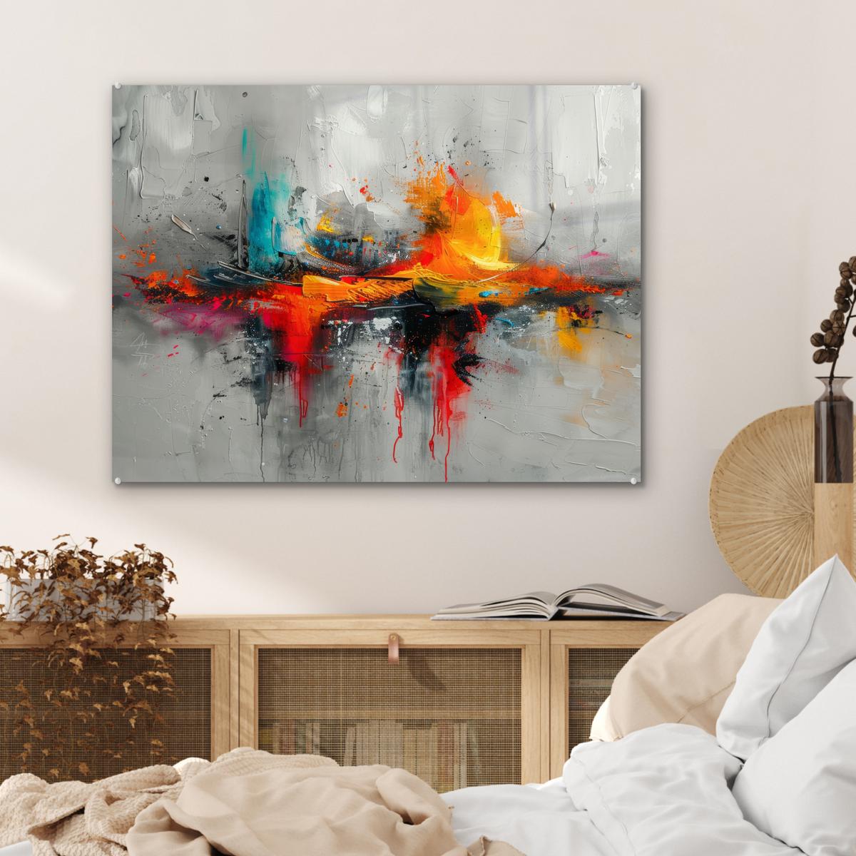 ACRYLGLASBILD Moderne Kunst - Orange - Grau - Abstrakt 80x60 cm - Hellgrau, Glas (80/60cm) - MuchoWow