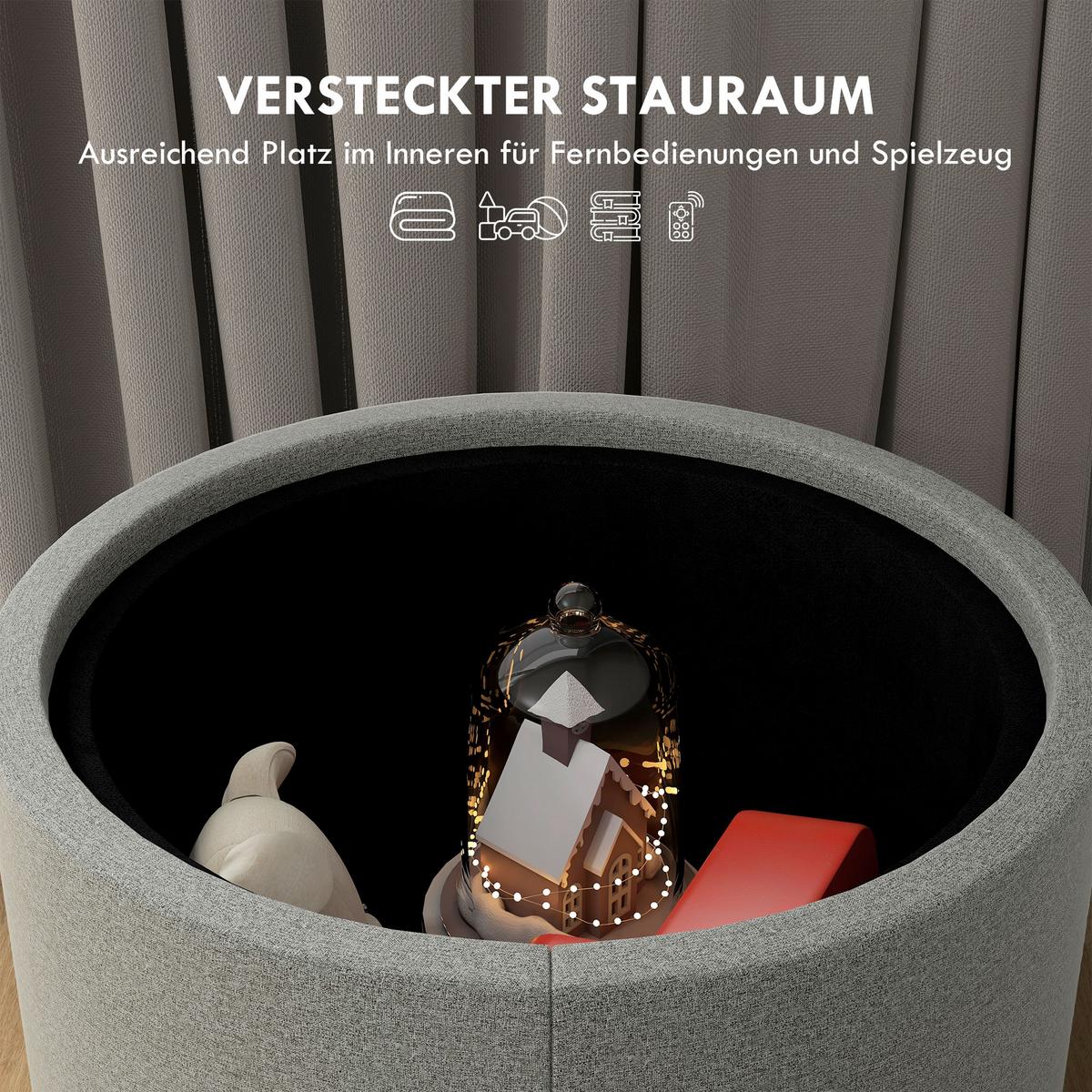 SITZHOCKER Rund mit Polsterung und Stauraum, Klappdeckel, Grau - Grau, Textil (56/42/56cm) - HOMCOM