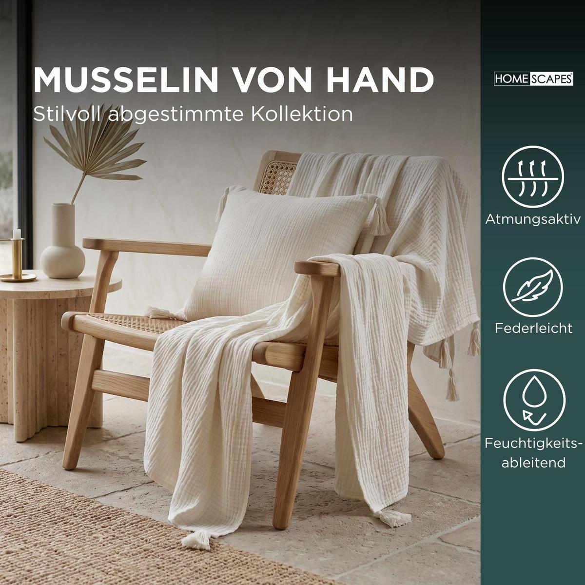DEKOKISSEN Musselin offwhite mit Quasten, 45/45 cm - Weiß, Textil (45/45cm) - Homescapes