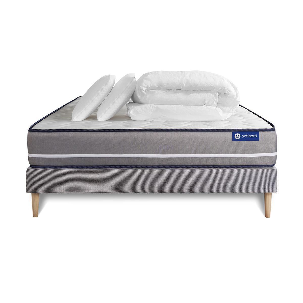 BETT Actimemo pur Memory-Schaum 160 x 200 cm h3 - Kit Bettgestell Grau - Mit Kissen und Bettdecke - Beige/Grau, Karton/Holz (160/200cm) - ACTISOM