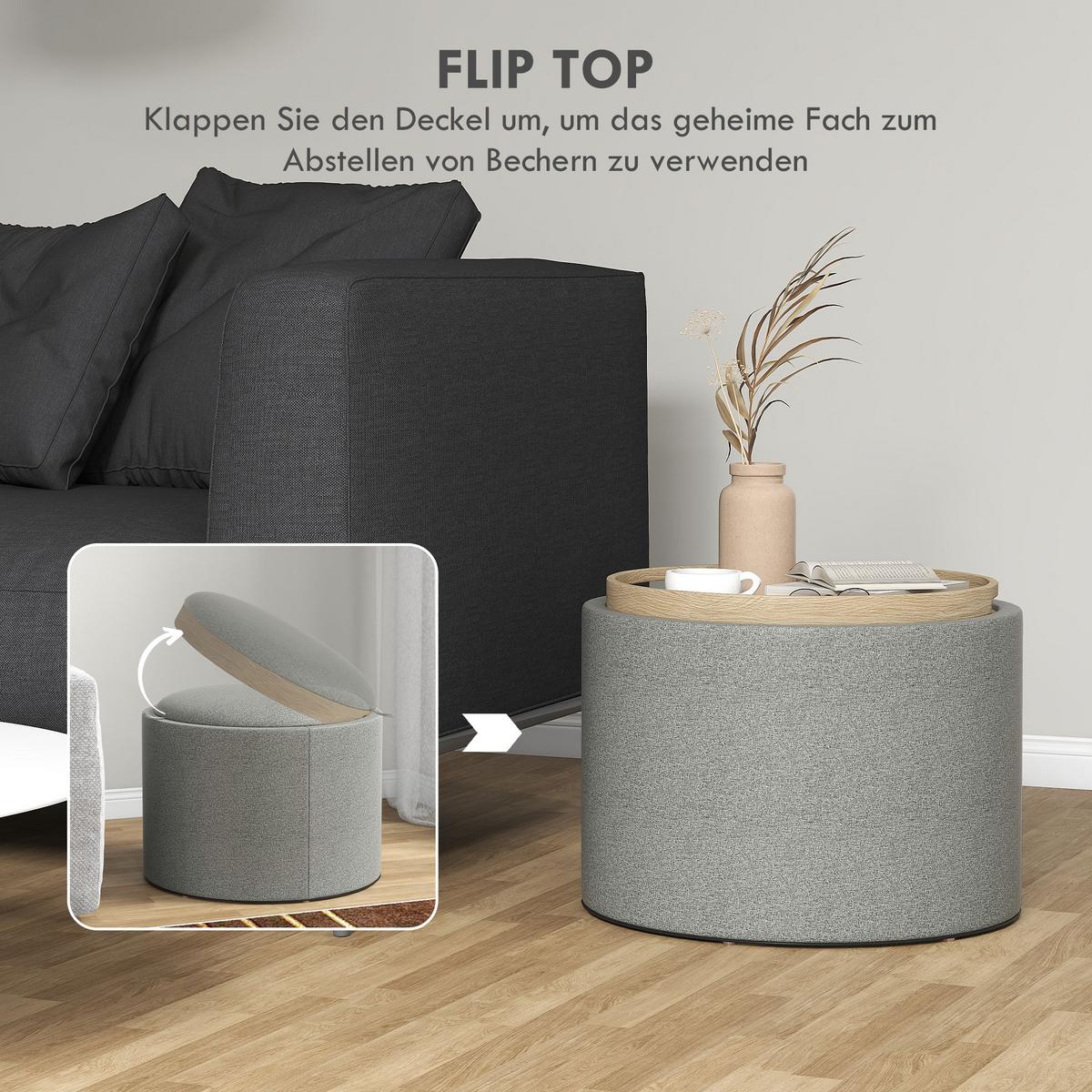 SITZHOCKER Rund mit Polsterung und Stauraum, Klappdeckel, Grau - Grau, Textil (56/42/56cm) - HOMCOM