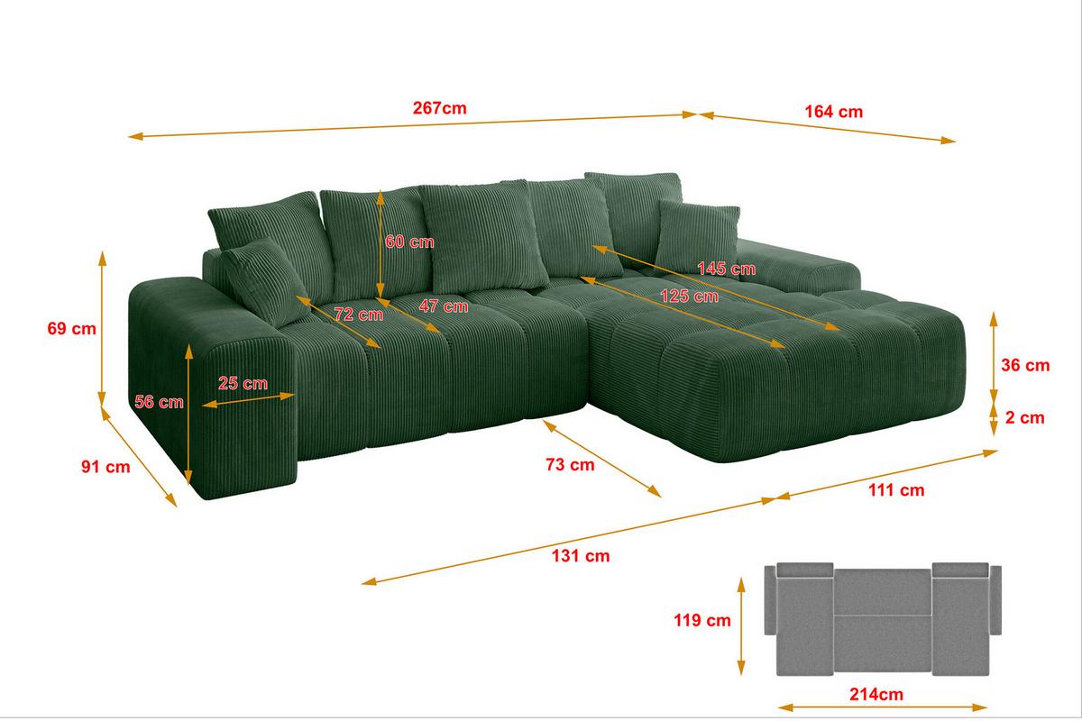 ECKSOFA Ottomane Rechts ENSI-L - 267x164x69 cm Grün - Grün, Holzwerkstoff/Kunststoff (164/267cm) - ALTDECOR
