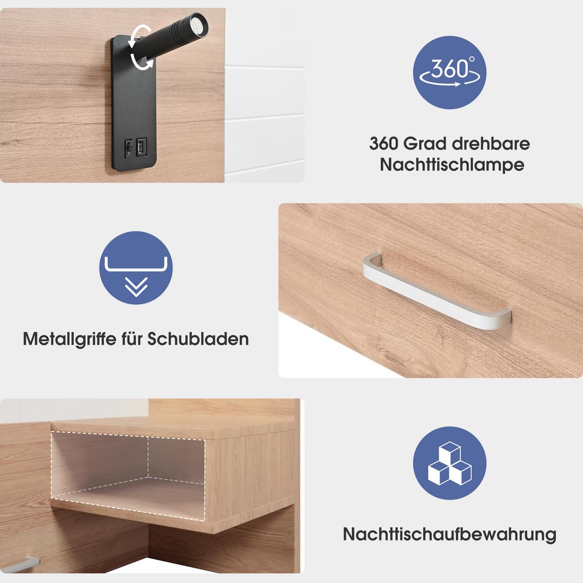 POLSTERBETT massivholz eiche & weiß 160X200 mit nachtkommoden & bettschubladen - Eichefarben/Weiß, Holzwerkstoff (160/200cm) - Urban Meuble
